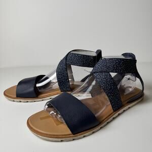 Sorel Women’s Navy Leather Ankle Strap Flat Sandals Comfort Casual Size 9.5
